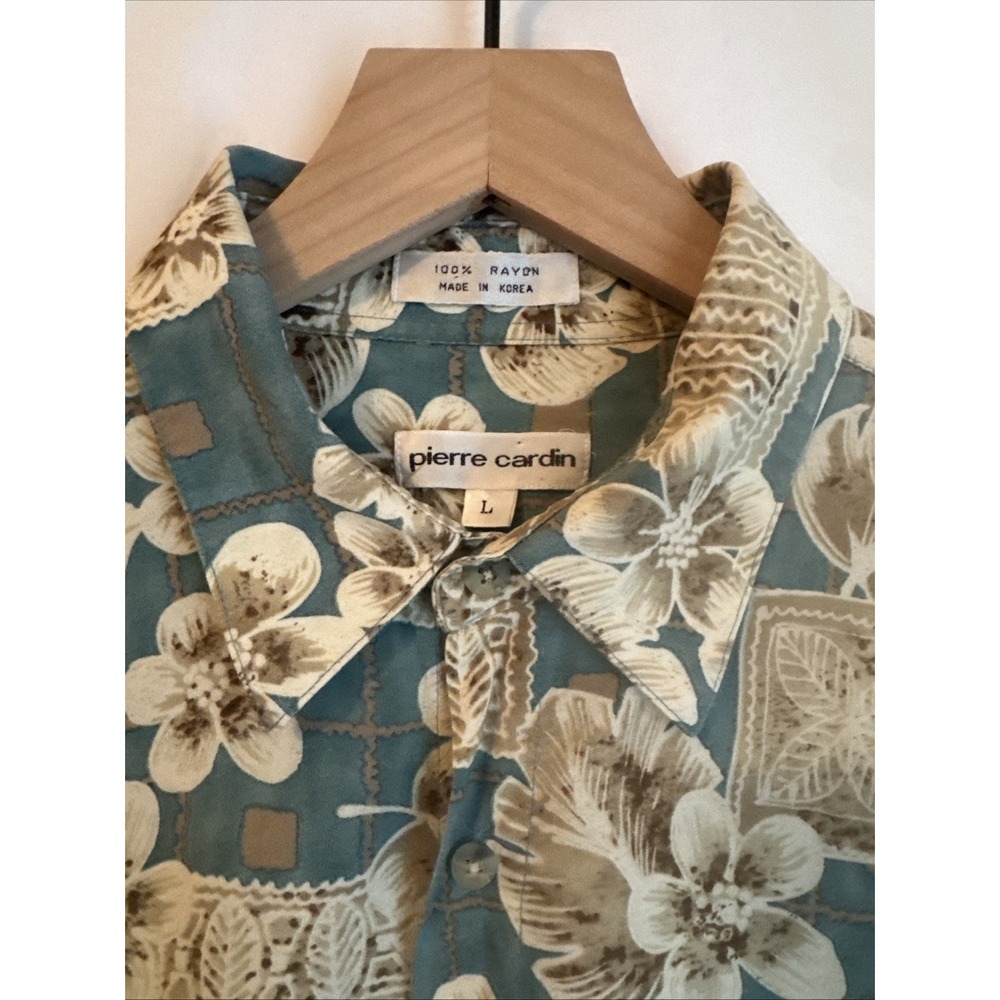 Vintage Pierre Cardin Men's Hawaiian  Button Beige Short Sleeve Pocket Shirt LRG - Picture 8 of 11